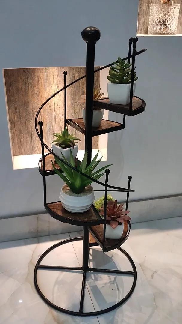 Wooden Bazar Wooden and Iron Spiral Stair Shape Flower Pot/Planter Stand for Indoor & Outdoor